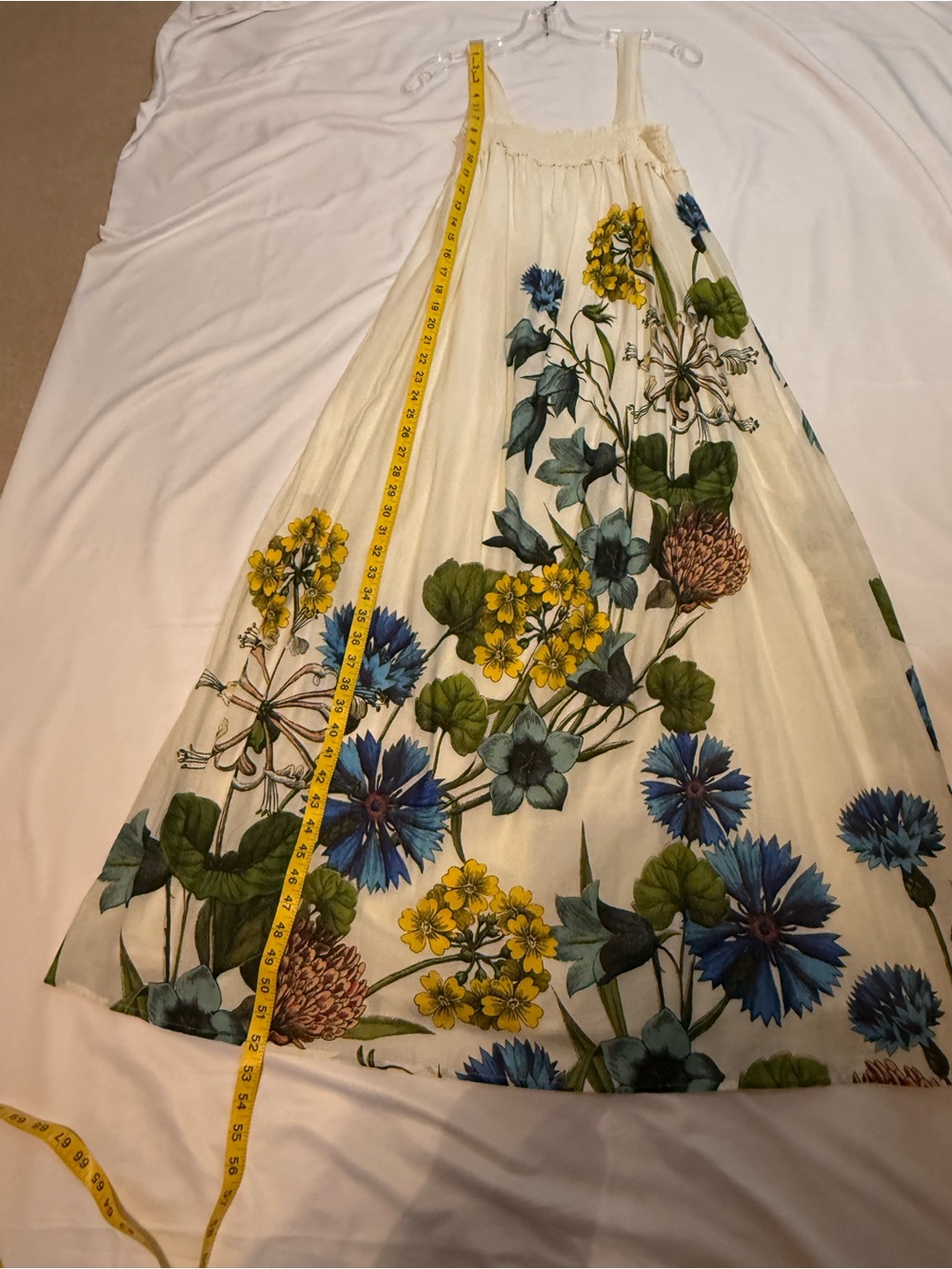 Anthropologie Cream Maxi dress with Blue, Yellow & Green Floral Design